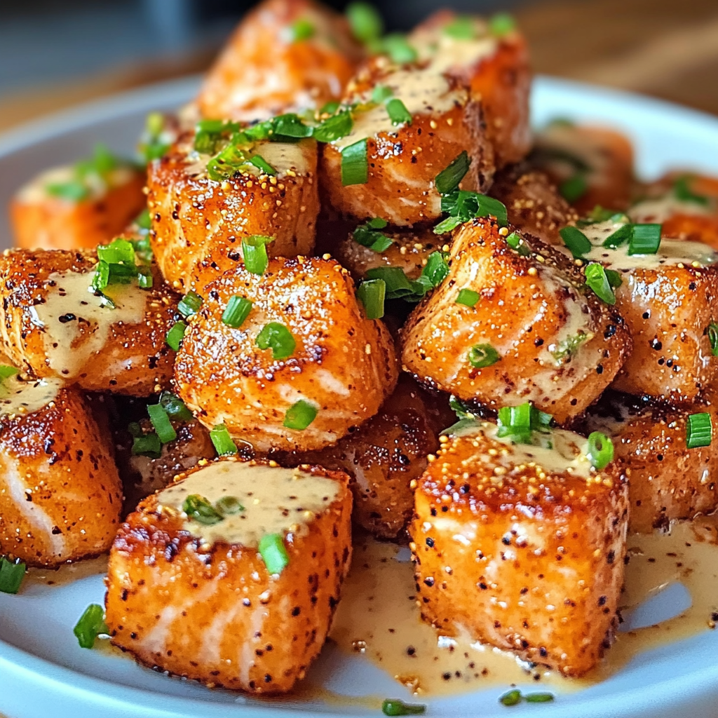 Golden-brown crispy salmon bites drizzled with creamy bang bang sauce, garnished with chopped chives on a white serving plate