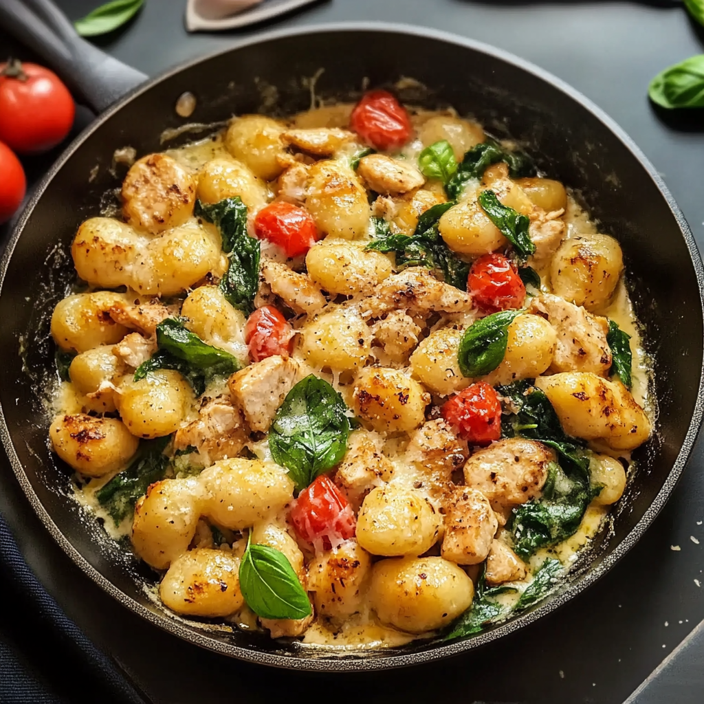 Skillet filled with creamy garlic chicken gnocchi, garnished with fresh herbs and grated Parmesan.