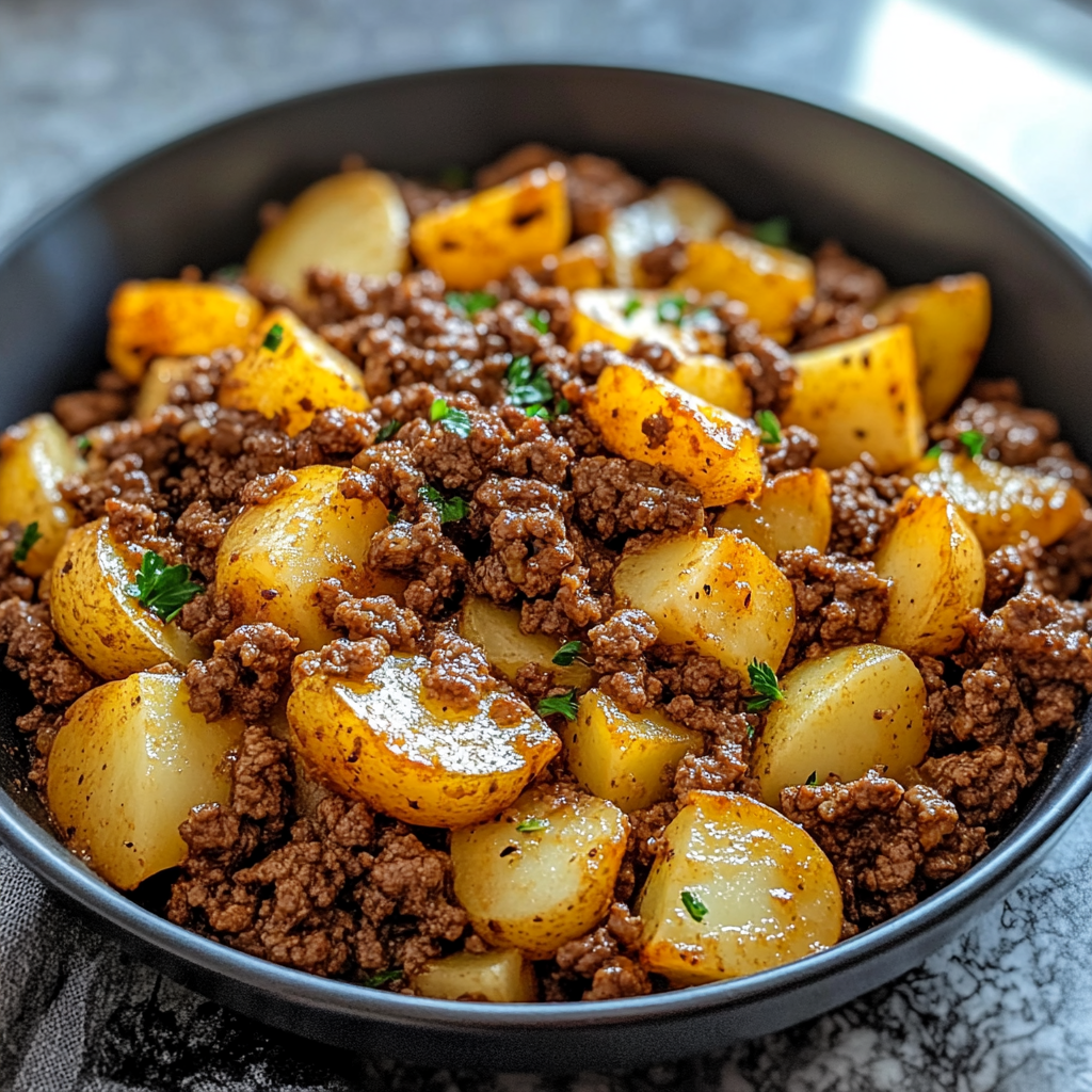 Skillet filled with browned ground beef and golden diced potatoes, garnished with fresh parsley.
