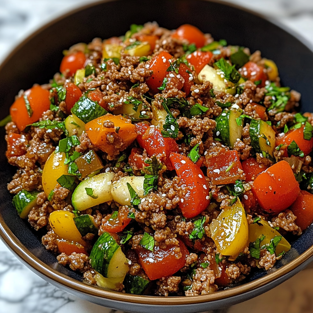 Sautéed ground beef with spinach, cherry tomatoes, and crumbled feta in a skillet, garnished with green onions