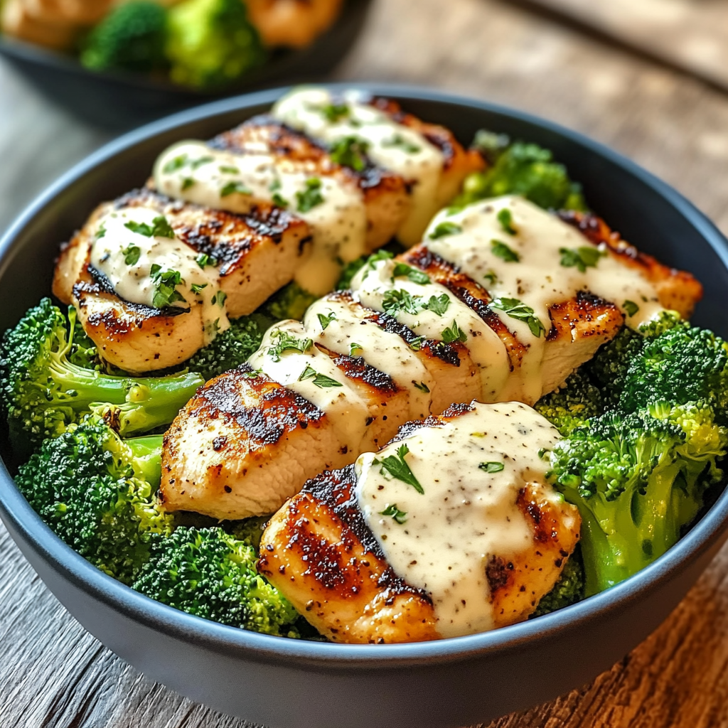 Grilled chicken slices and steamed broccoli florets served over quinoa, drizzled with creamy garlic sauce, garnished with fresh parsley.