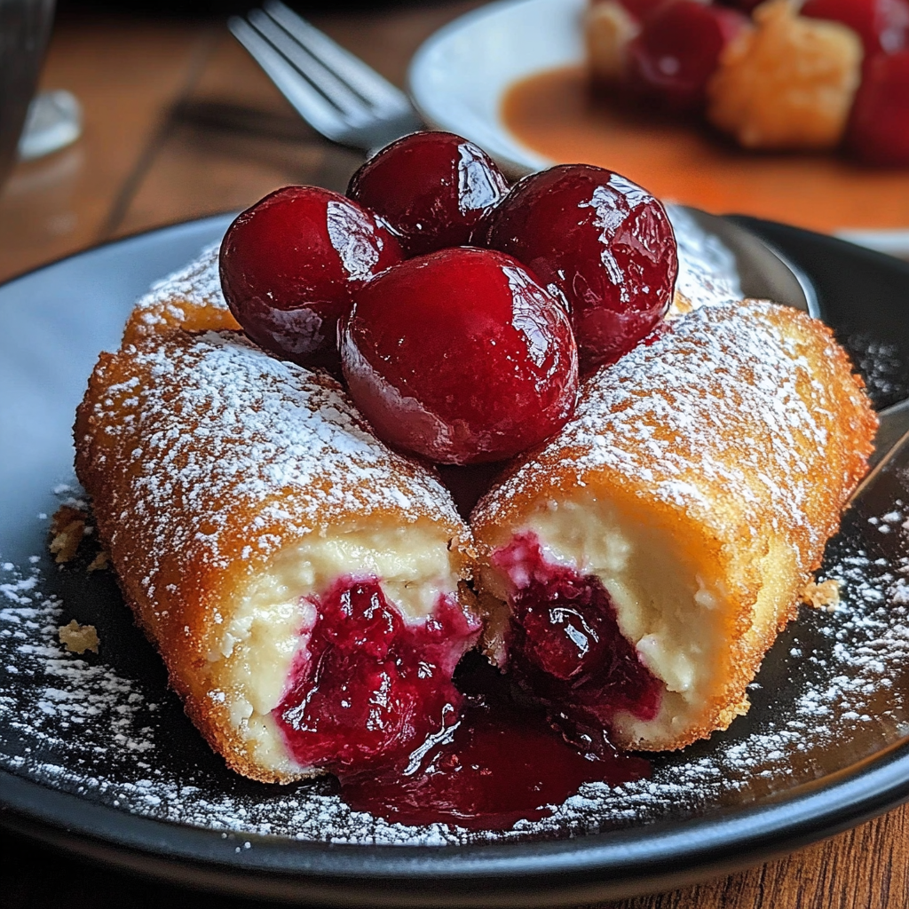 Golden-brown deep-fried cherry cheesecake bites stacked on a white plate, with creamy filling visible and cherry sauce drizzled on top