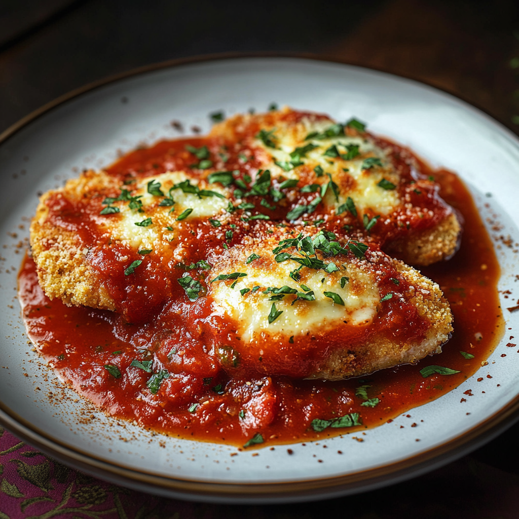 A serving of Chicken Parmesan topped with melted mozzarella and fresh basil, accompanied by spaghetti and tomato sauce on a white plate.​