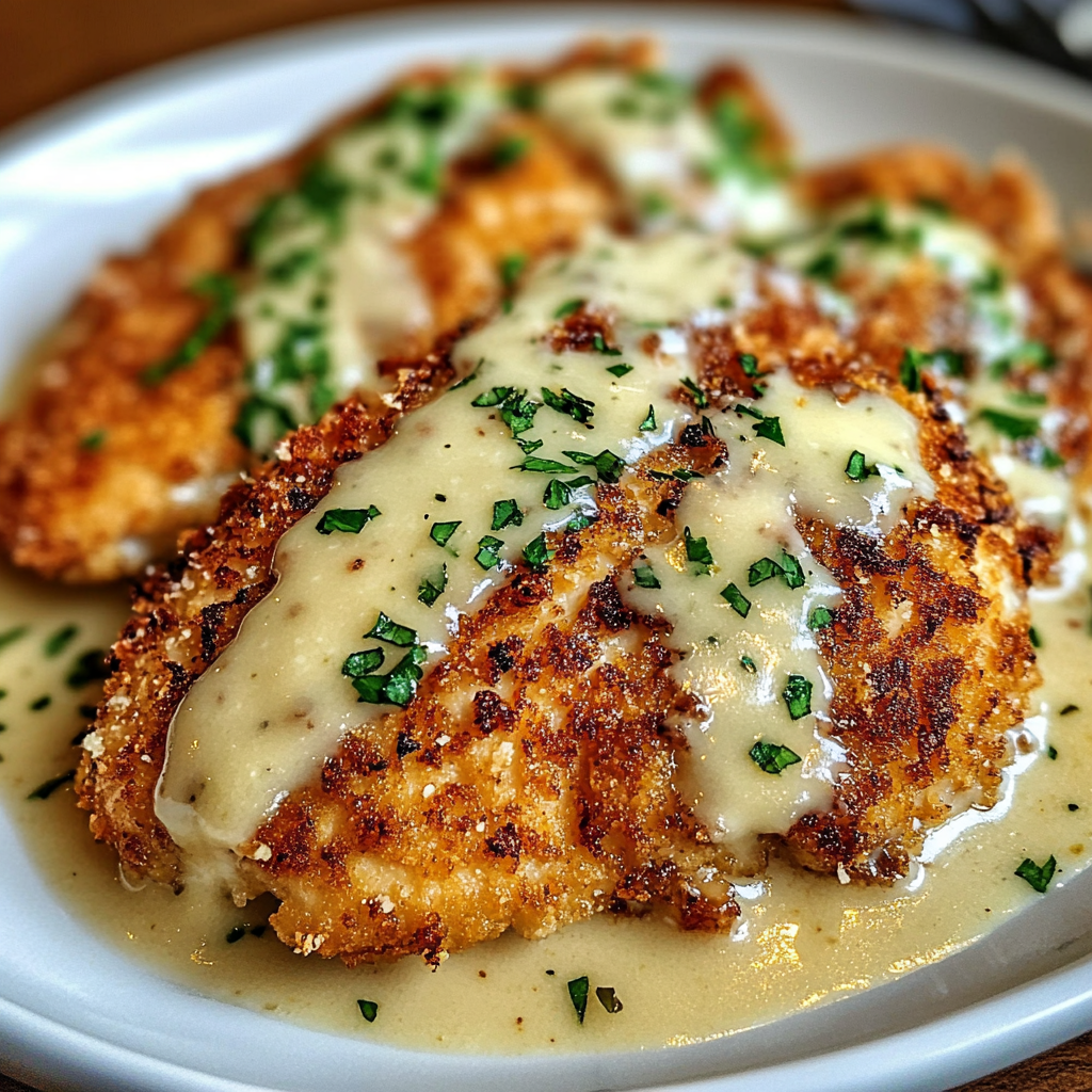 Golden-brown Parmesan-crusted chicken breasts topped with creamy garlic sauce, garnished with fresh parsley, served on a white plate.​