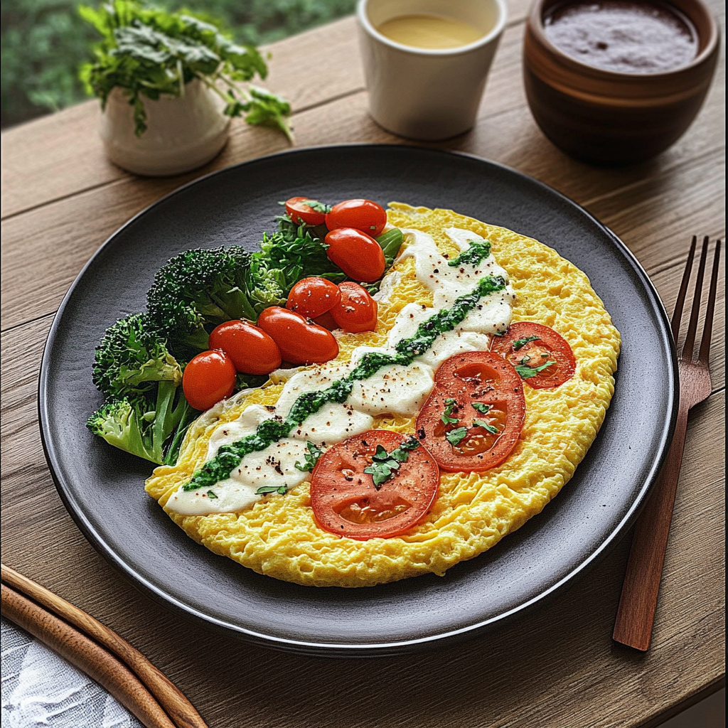 Beautifully plated artistic omelet with vibrant garnishes
