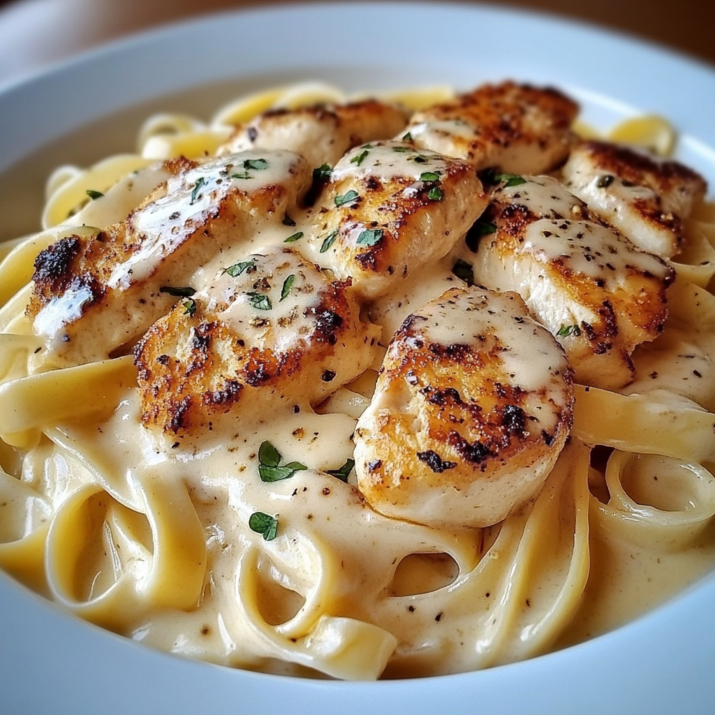 Plate of creamy Chicken Alfredo with fettuccine pasta, garnished with fresh parsley and grated Parmesan cheese.