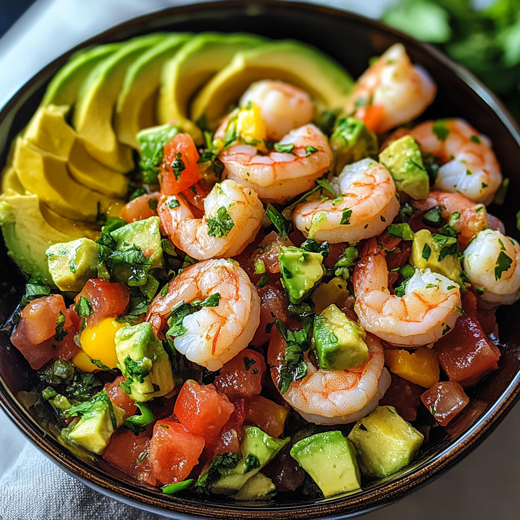 “Bowl of avocado salsa shrimp salad featuring diced avocado, cooked shrimp, tomatoes, and fresh herbs.”