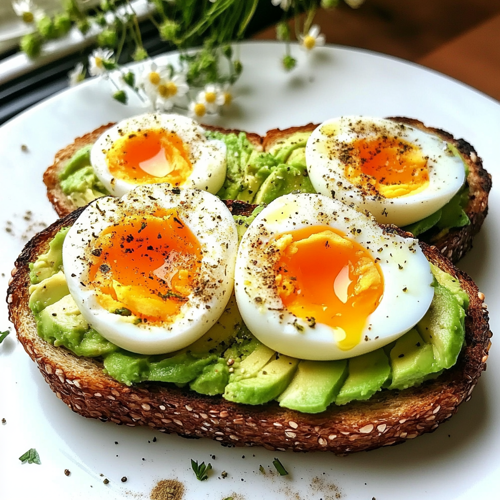 A slice of toasted bread topped with mashed avocado and a halved soft-boiled egg, garnished with salt and pepper
