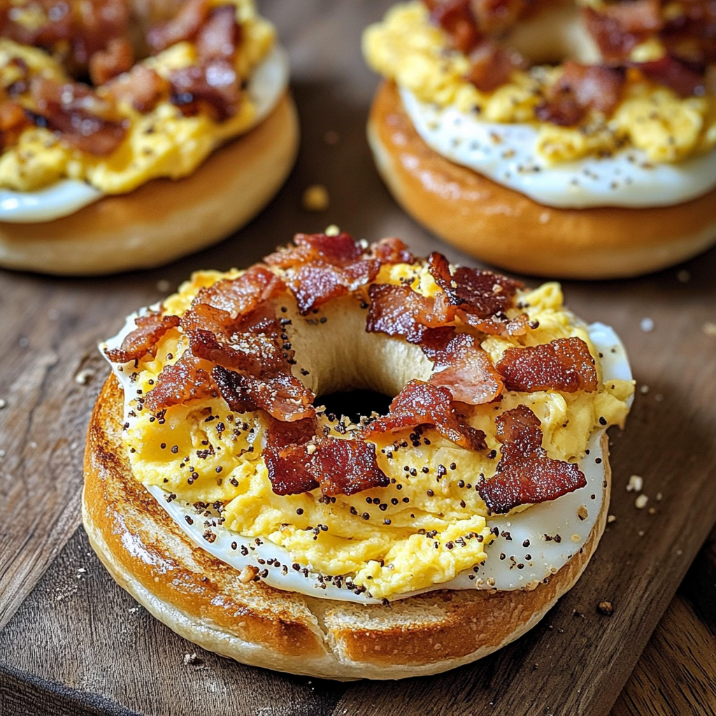 Toasted bagel halves topped with scrambled eggs, crispy bacon, and melted cheddar cheese