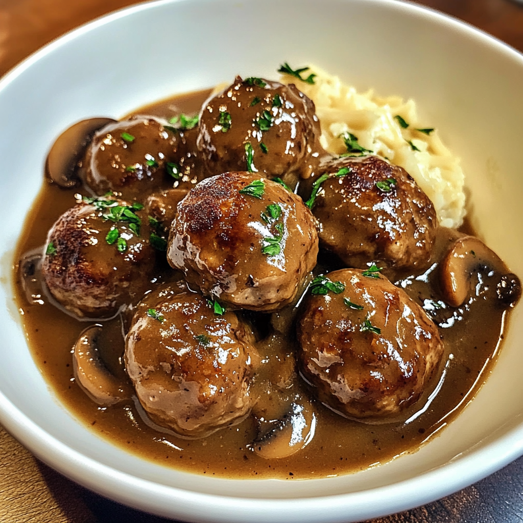 A plate of beef meatballs covered in mushroom gravy, served alongside creamy mashed potatoes​