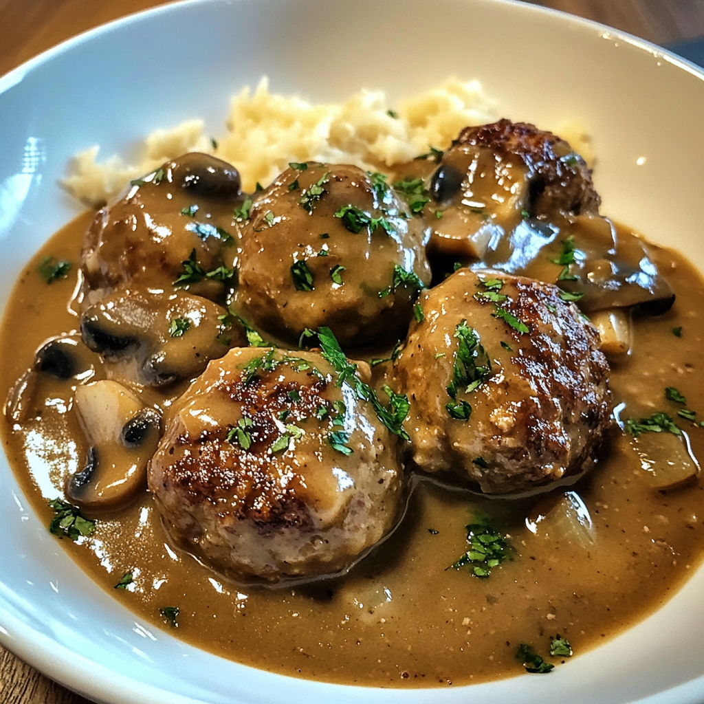 A plate of beef meatballs covered in mushroom gravy, served over creamy mashed potatoes with a sprinkle of fresh parsley.​