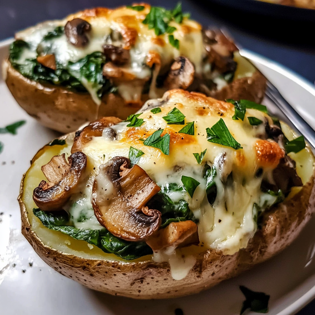 Baked potatoes filled with a mixture of sautéed mushrooms, spinach, and melted cheese, garnished with fresh herbs​