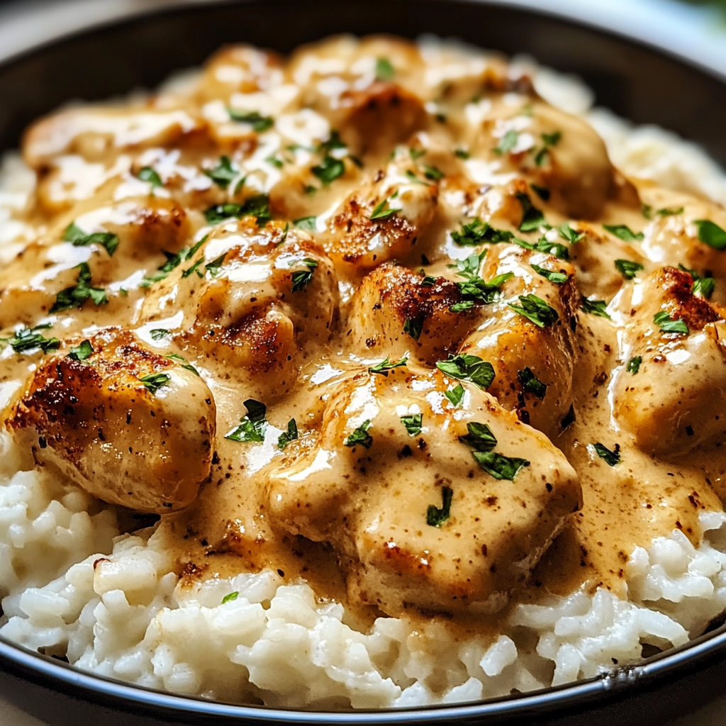 Plate of smothered chicken thighs in creamy gravy over white rice, garnished with fresh parsley.