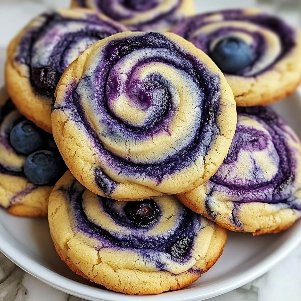 Soft and chewy blueberry cheesecake swirl cookies with visible swirls of cream cheese and juicy blueberries, served on a white plate.​