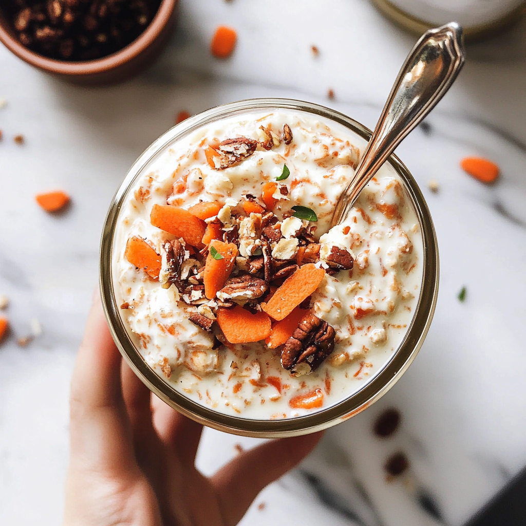 A jar of carrot cake overnight oats topped with shredded carrots, walnuts, and a sprinkle of cinnamon.
