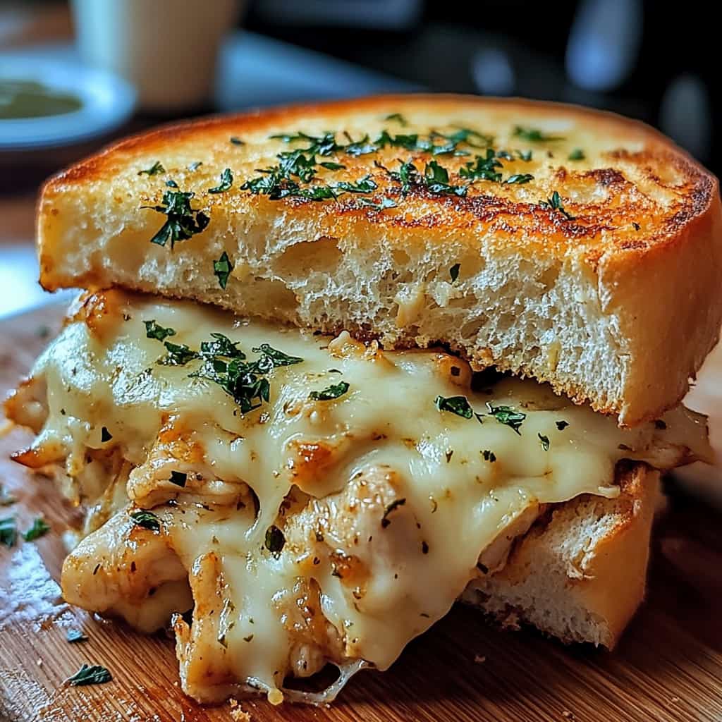 Cheesy Chicken Garlic Bread Sandwich with melted mozzarella and shredded chicken on toasted garlic bread, garnished with fresh parsley.​