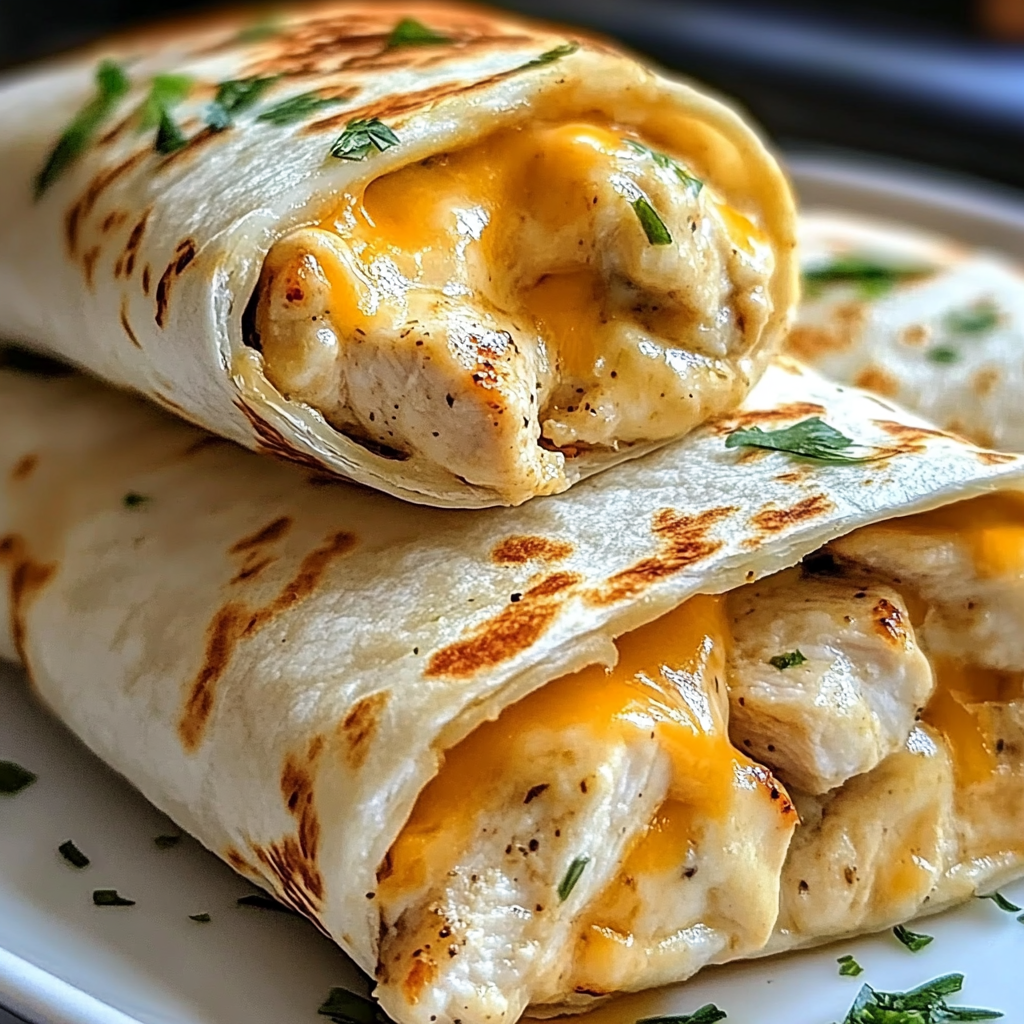 Cheesy Garlic Chicken Wraps filled with seasoned chicken, melted cheese, and creamy garlic sauce, served on a plate.