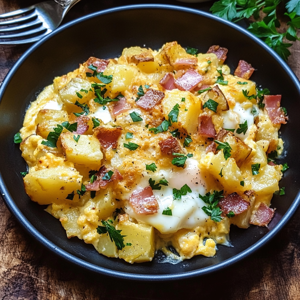 A hearty serving of cheesy potato egg scramble, featuring golden potatoes, scrambled eggs, and melted cheese, garnished with fresh herbs.​