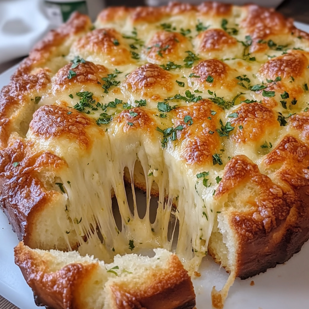 Golden brown cheesy pull-apart garlic bread with melted mozzarella, showing the bread being pulled apart.