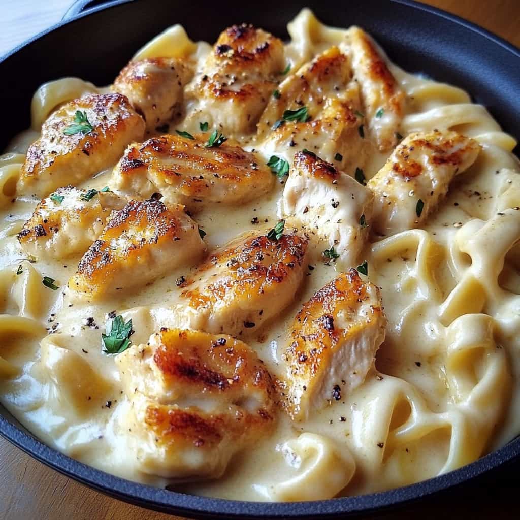 Plate of creamy Chicken Alfredo with fettuccine pasta, tender chicken slices, and garnished with fresh parsley.