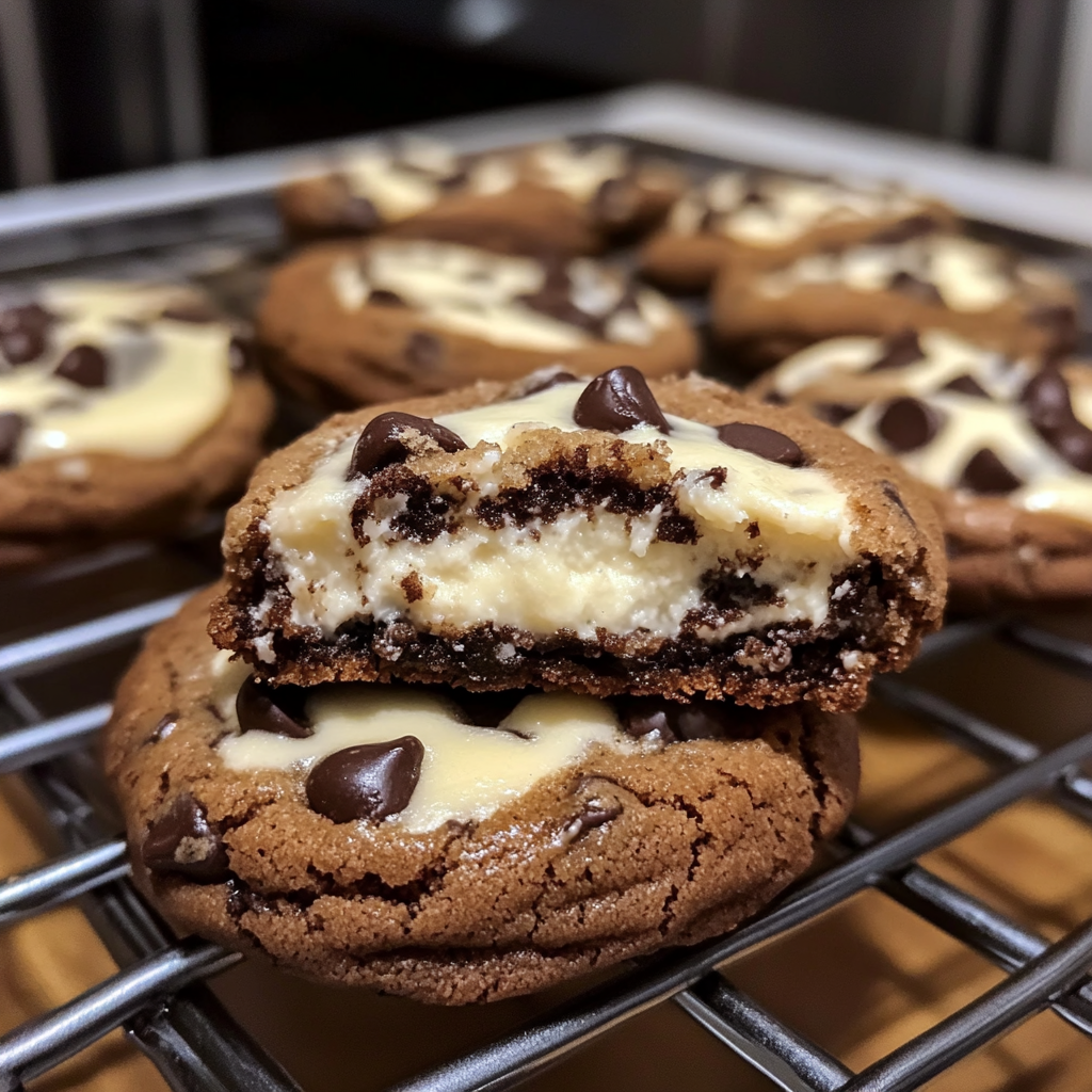 A stack of chocolate chip cheesecake cookies with creamy centers, displayed on a white plate.​