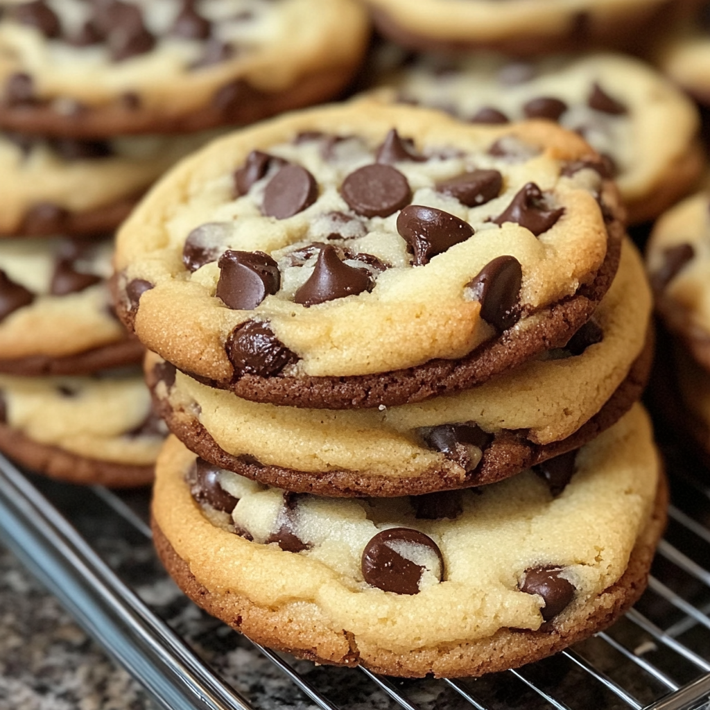 A stack of chocolate chip cheesecake cookies with creamy centers, displayed on a white plate.