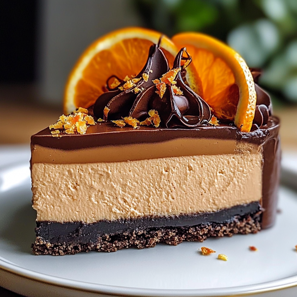 Slice of Chocolate Orange Cheesecake with Oreo crust, topped with chocolate ganache and garnished with orange zest.