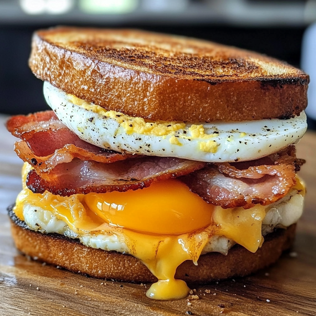 Classic bacon, egg, and cheese sandwich with melted cheese and crispy bacon on a toasted roll