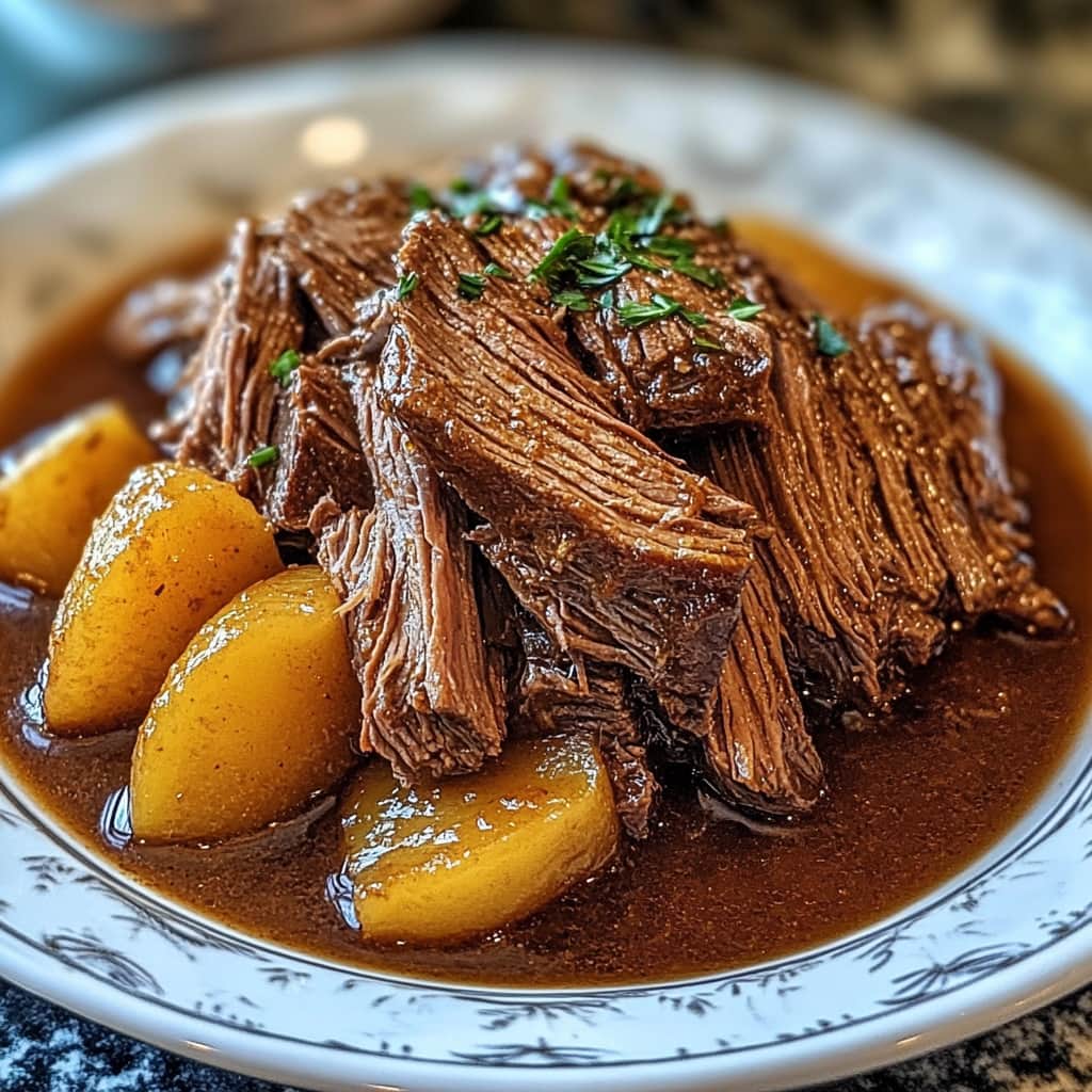 A serving of classic slow cooker pot roast with tender beef, carrots, and potatoes, garnished with fresh herbs on a white plate.​