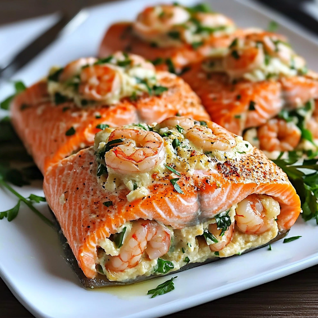 Baked salmon fillets stuffed with a creamy crab and shrimp mixture, garnished with fresh herbs and lemon slices on a white serving platter.​ crab shrimp stuffed salmon