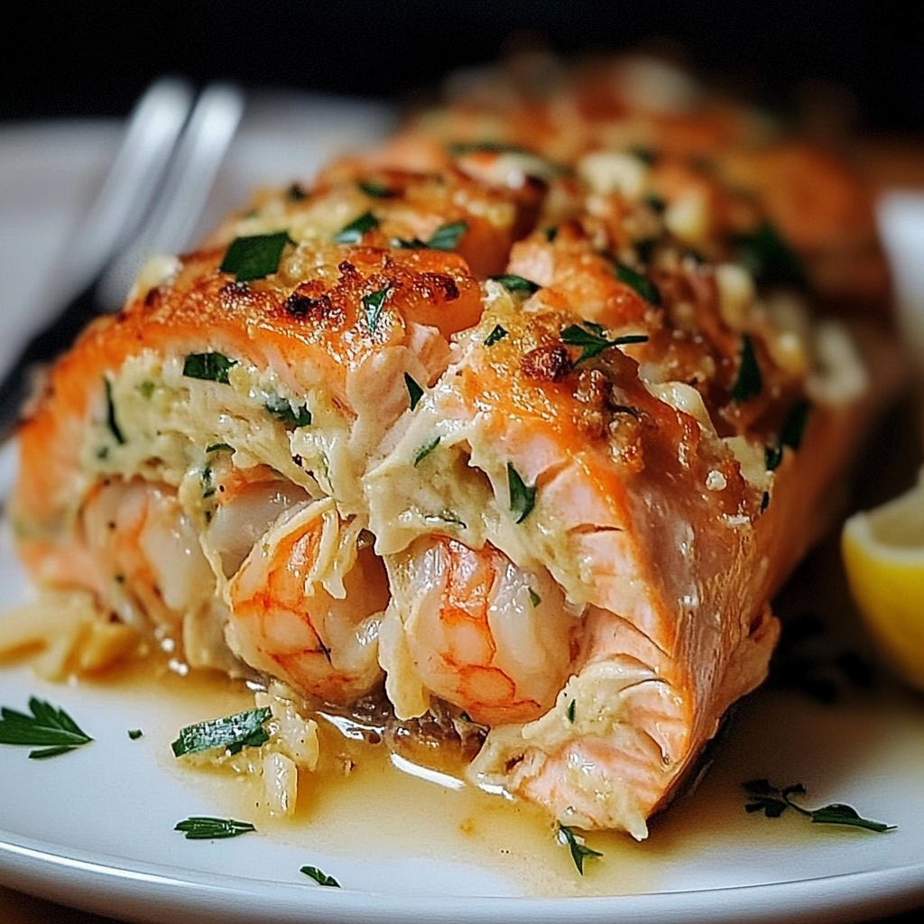 Baked salmon fillet stuffed with crab and shrimp filling, garnished with fresh herbs