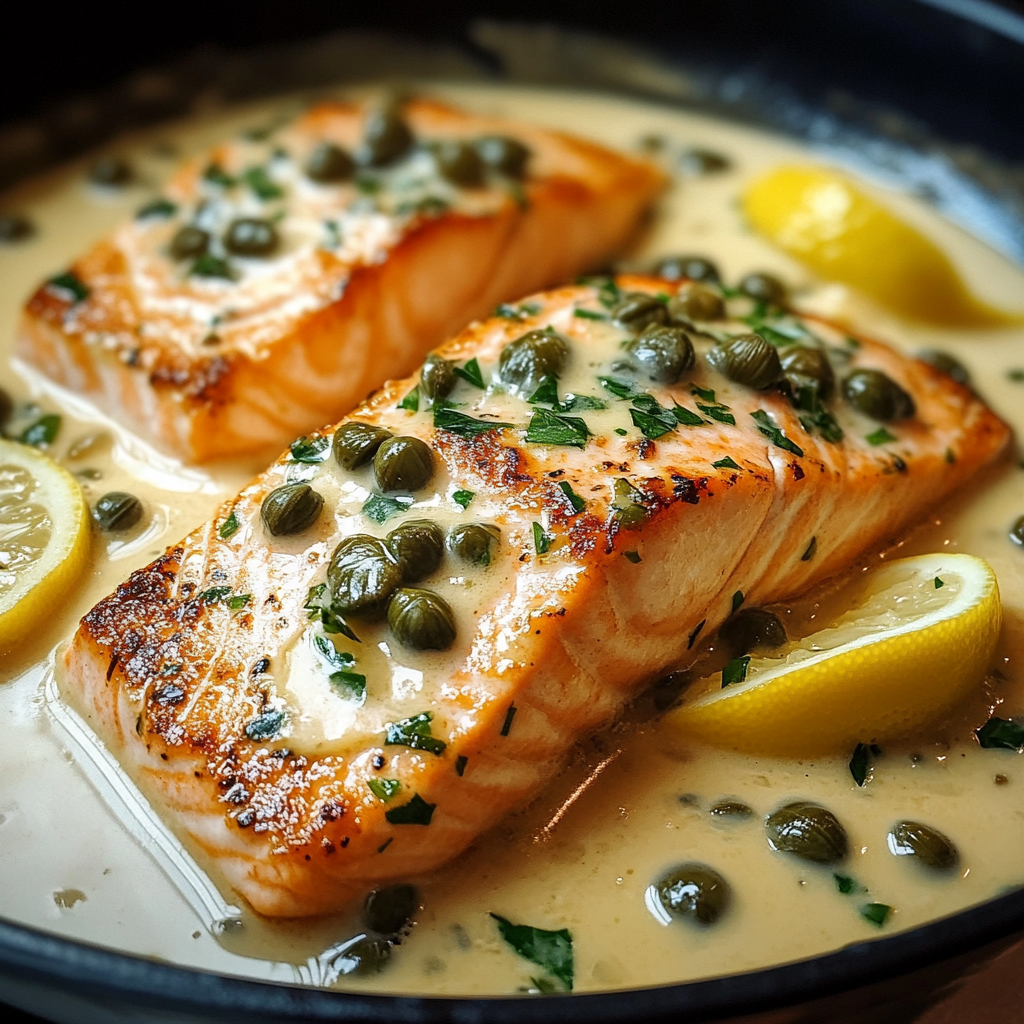 Pan-seared salmon fillets topped with a creamy lemon caper sauce, garnished with fresh parsley.