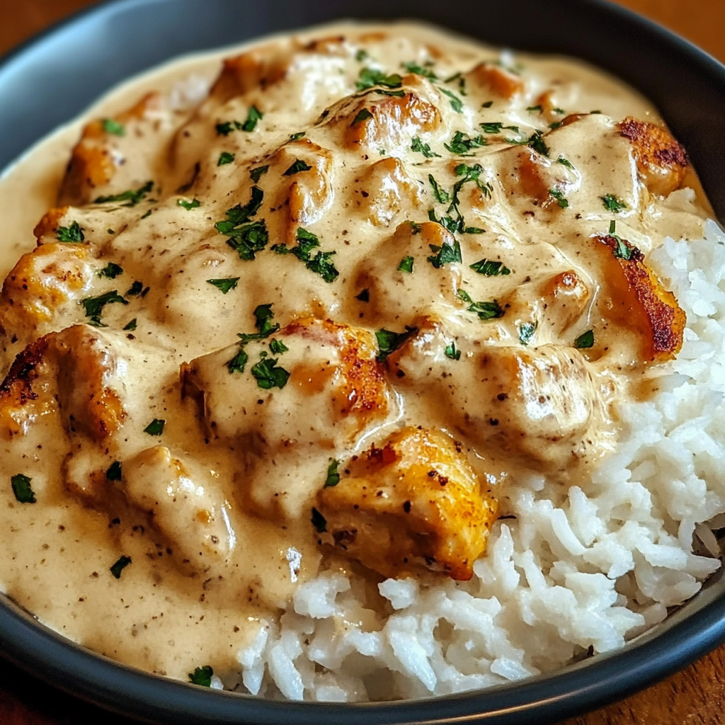 A serving of creamy smothered chicken and rice garnished with fresh parsley, showcasing tender chicken in a rich sauce over fluffy rice.