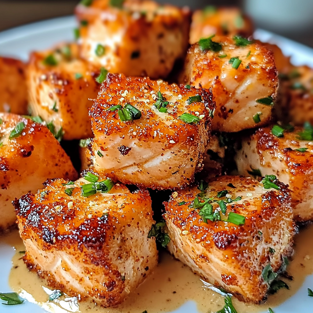 A plate of crispy bang bang salmon bites garnished with green onions and served with a side of bang bang sauce.​