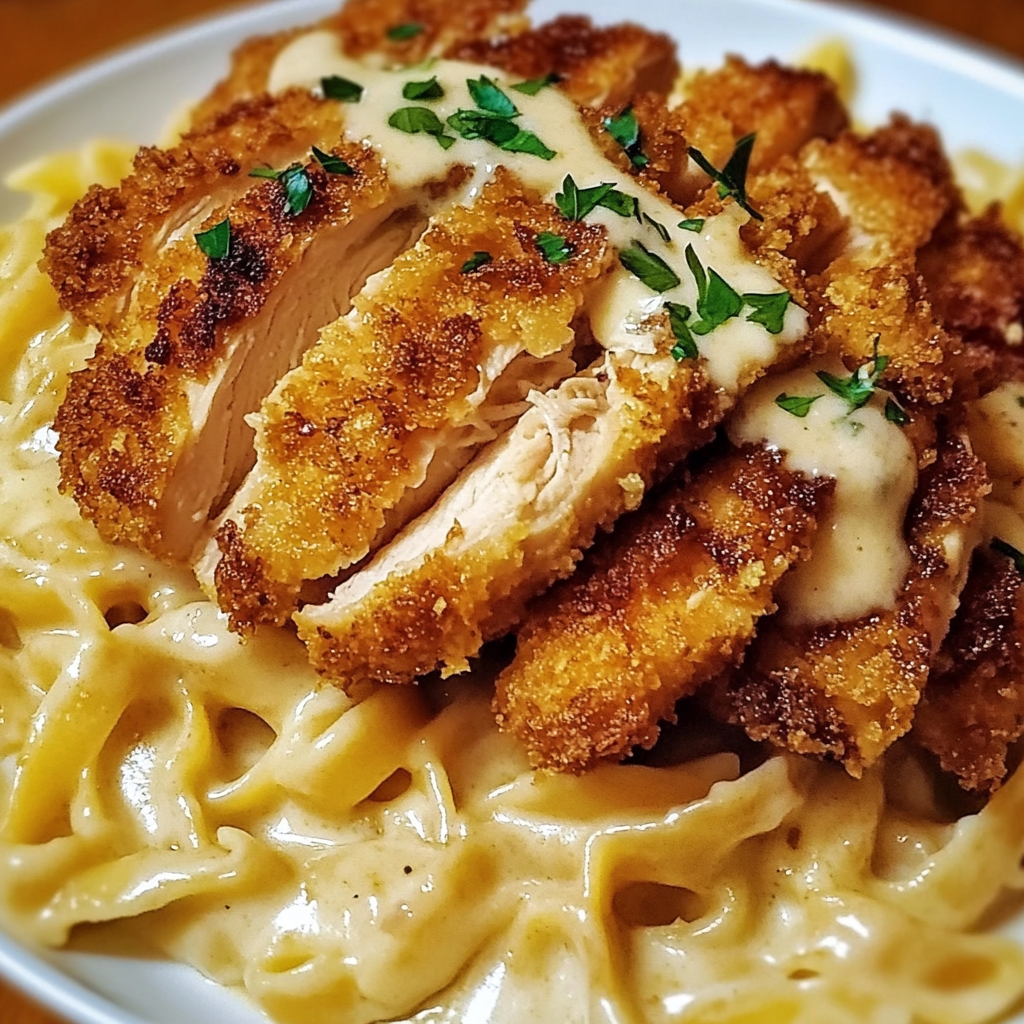 A plate of golden-brown crispy chicken slices atop creamy garlic pasta, garnished with fresh parsley and grated Parmesan cheese.