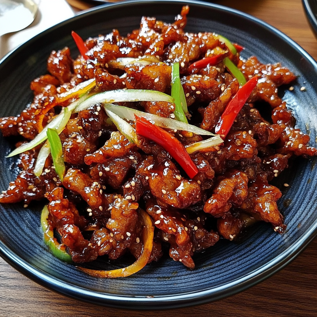 “Plate of crispy chilli beef with sweet chilli sauce, garnished with sliced red peppers and spring onions.”