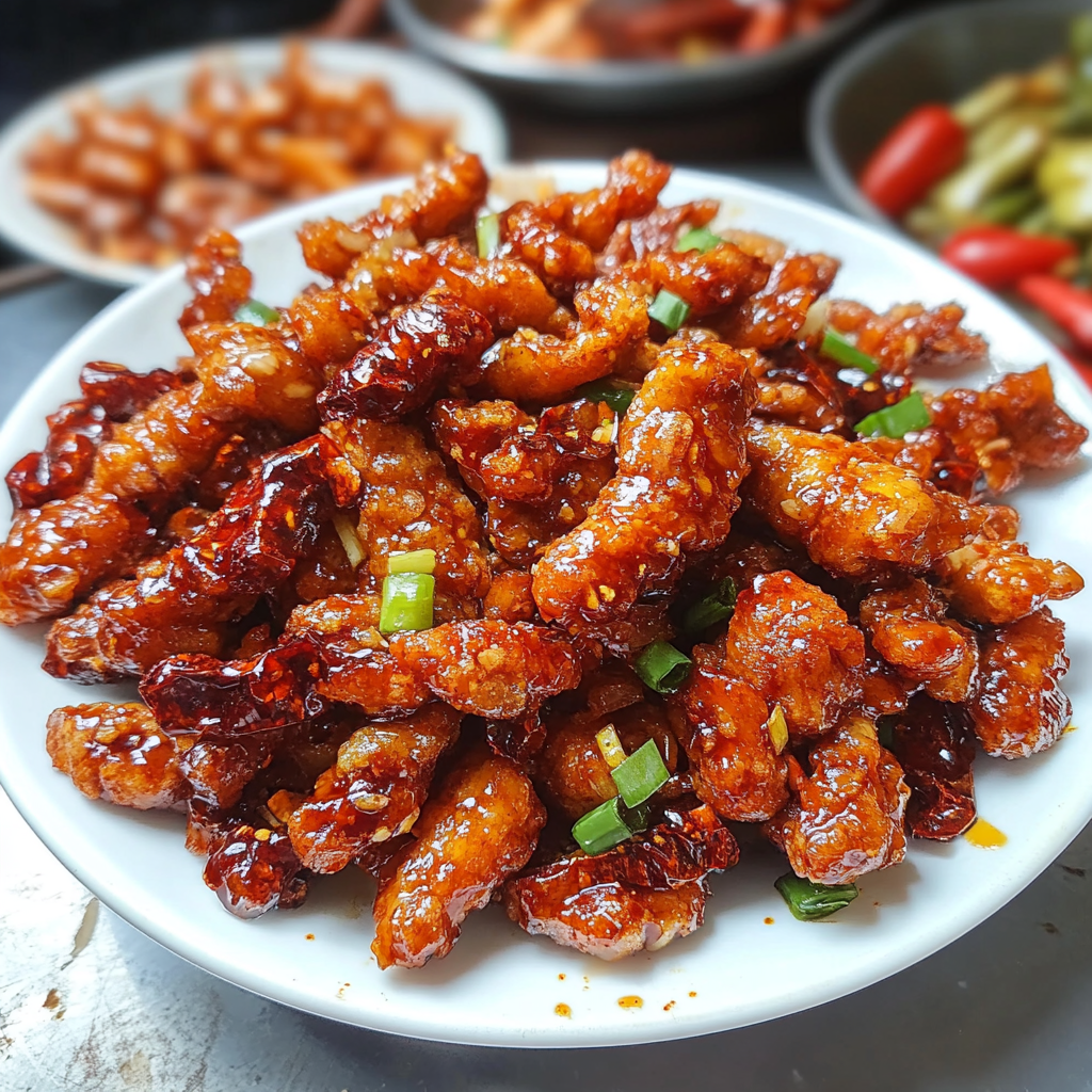 Plate of crispy chilli chicken garnished with sliced green onions and red chilies, served over a bed of steamed rice.