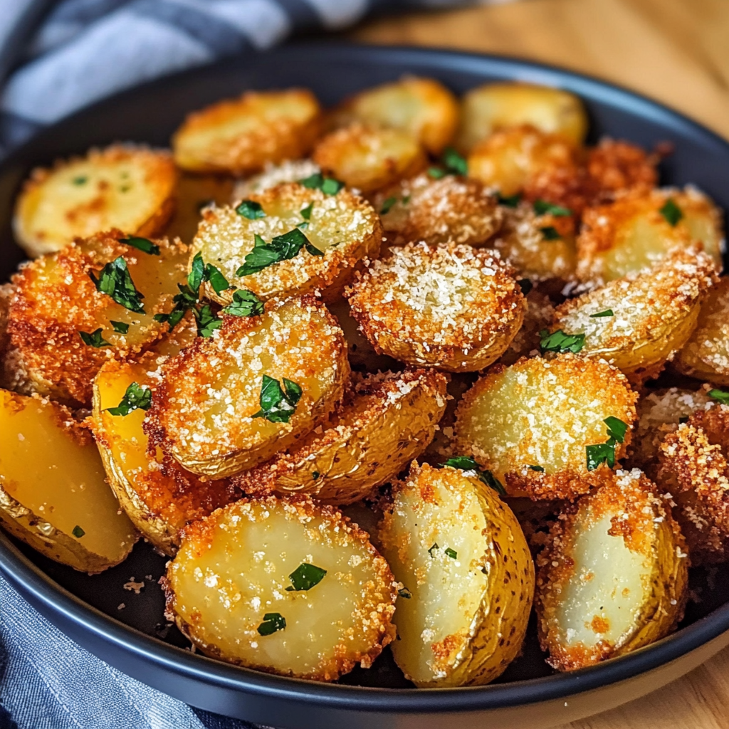 Golden crispy garlic Parmesan crusted baby potatoes garnished with fresh parsley, served on a white plate.