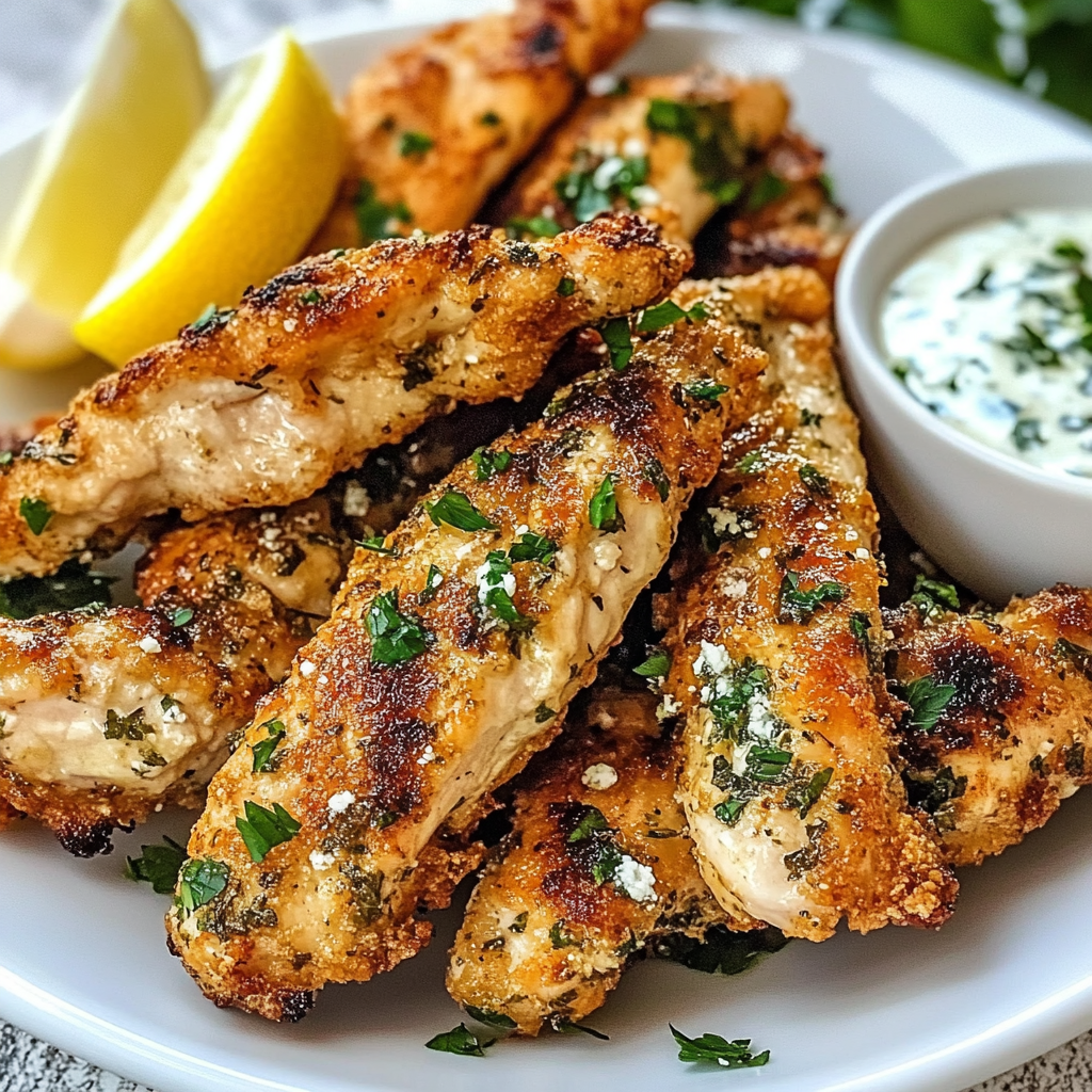 Golden-brown Greek chicken tenders garnished with fresh herbs, served with a side of tzatziki sauce