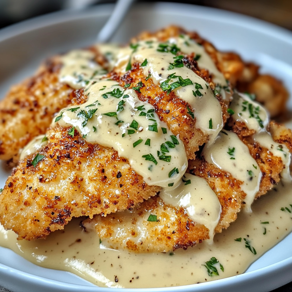 A plate of crispy parmesan chicken topped with creamy garlic sauce, garnished with fresh parsley, served alongside roasted vegetables.​