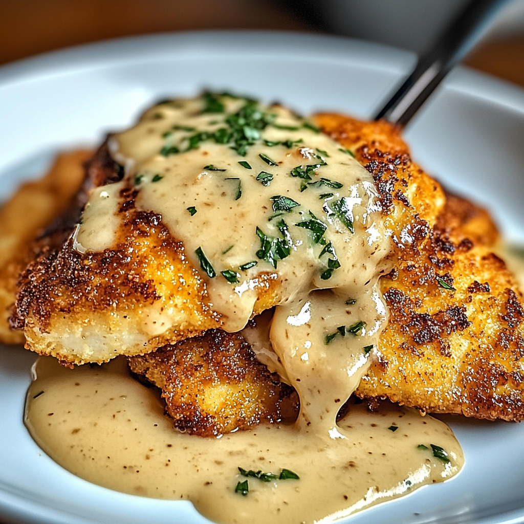 Golden-brown Parmesan-crusted chicken breasts topped with creamy garlic sauce, garnished with fresh parsley, served on a white plate.​