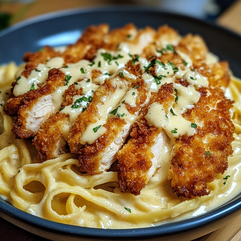 Golden crispy chicken slices served over creamy fettuccine alfredo
