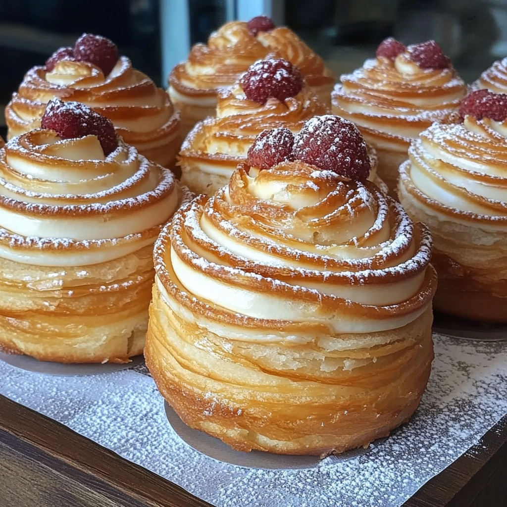 Golden-brown cruffins with flaky layers, dusted with cinnamon sugar, displayed on a white plate
