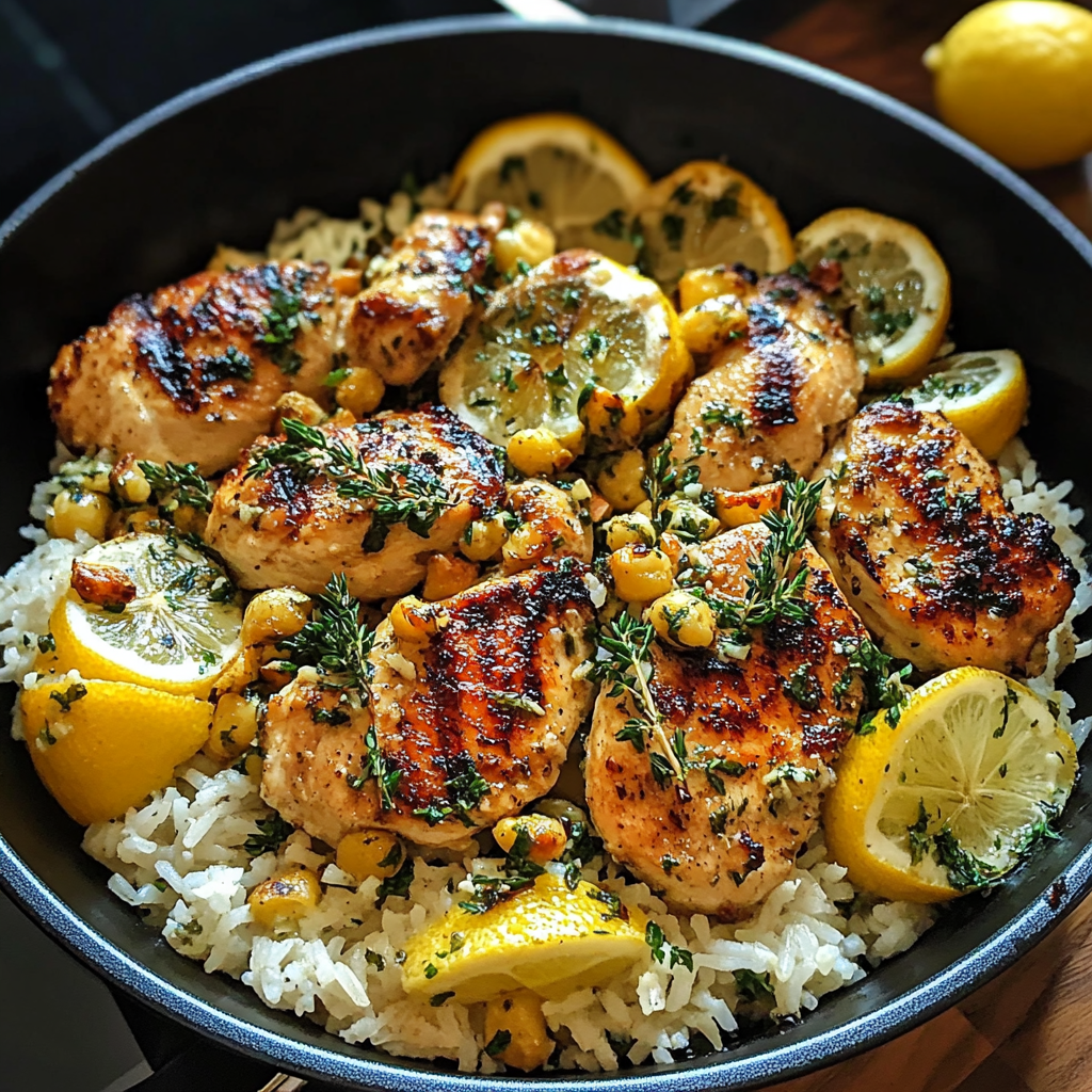 A plate of Greek chicken served over lemon-infused rice, garnished with fresh herbs and lemon slices.​