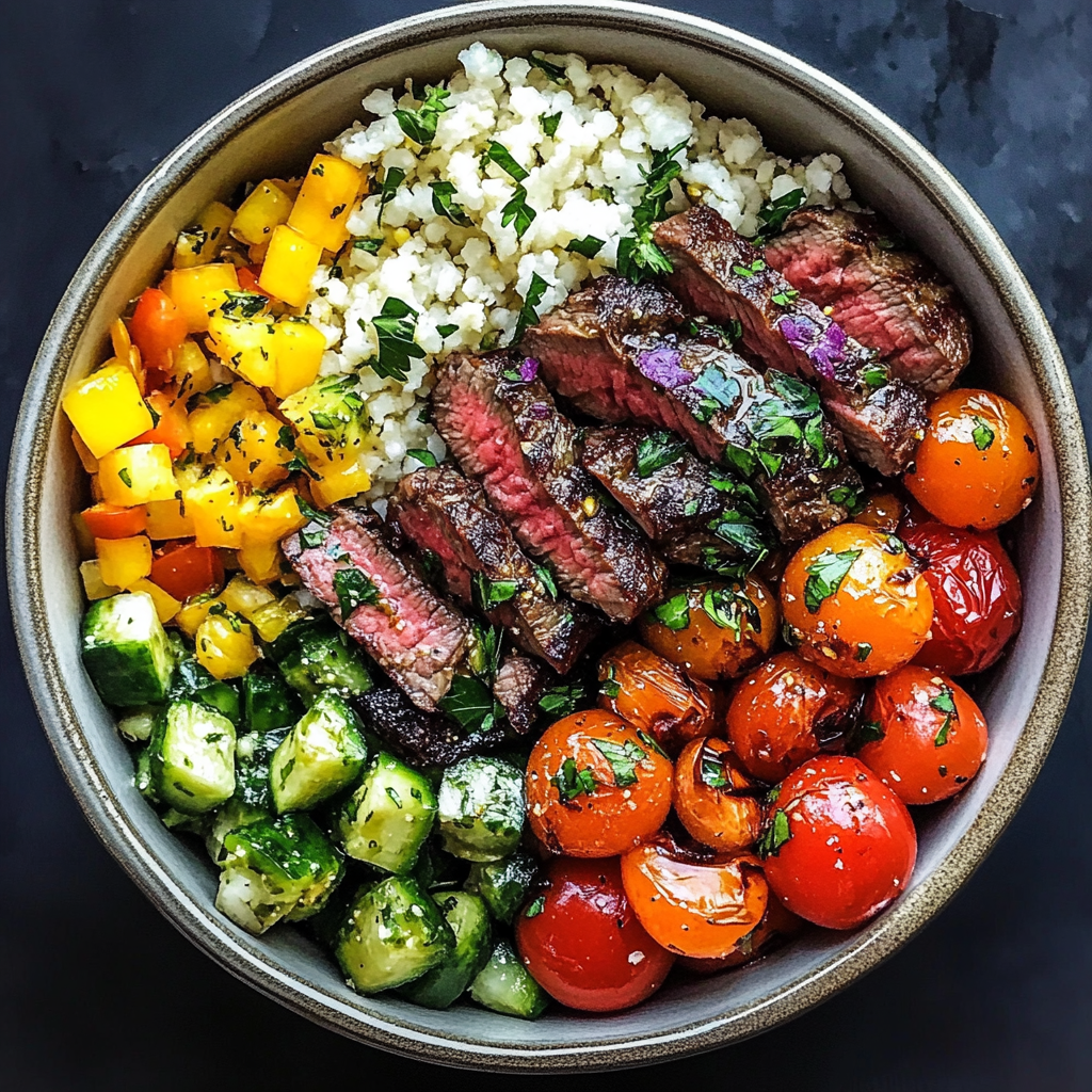 Mediterranean Steak Bowl with quinoa, fresh vegetables, hummus, and feta cheese, topped with sliced steak.