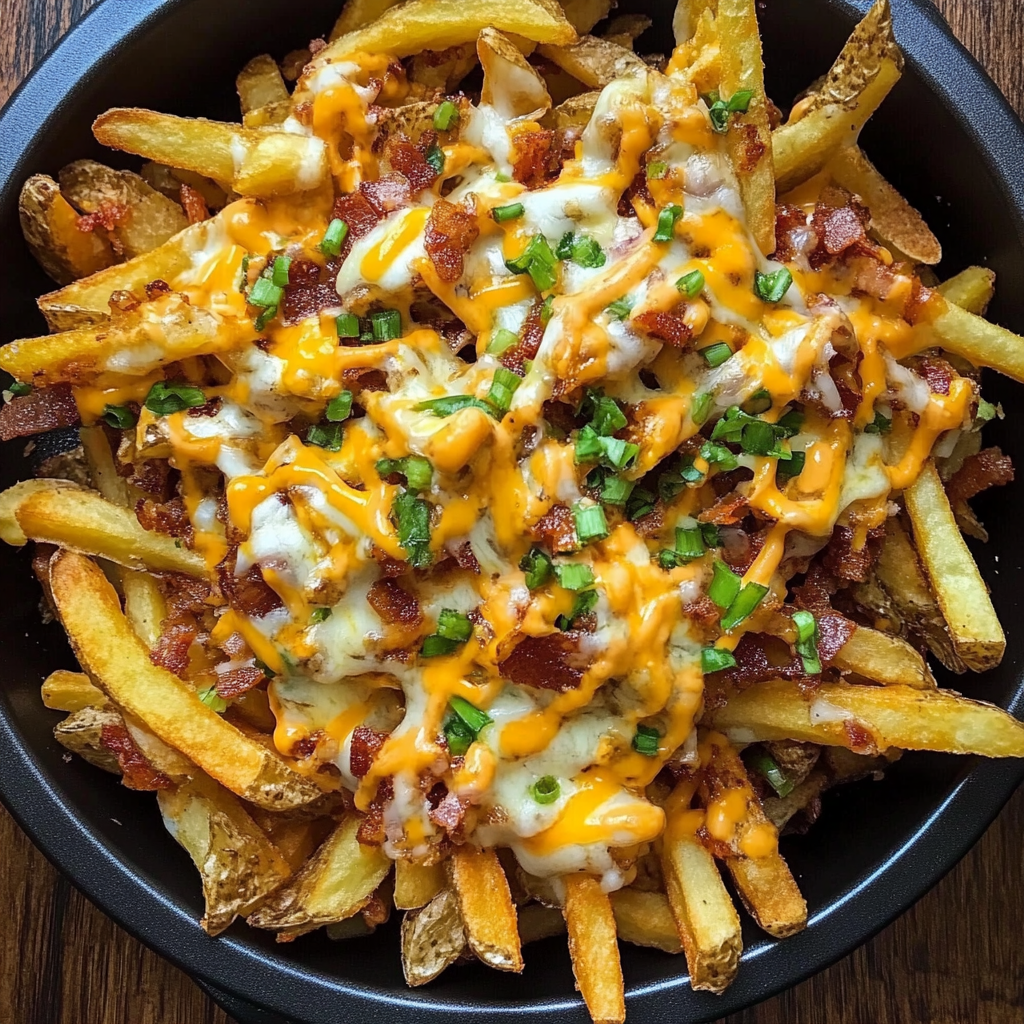 A plate of golden loaded fries topped with melted cheese, crispy bacon bits, and chopped green onions, served with a side of ranch dressing.​