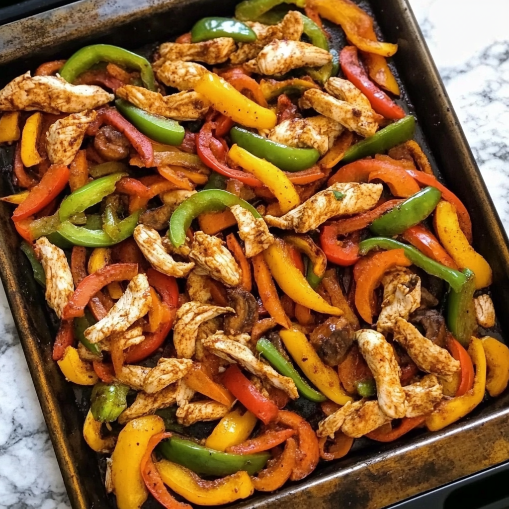 A sheet pan filled with roasted chicken strips, colorful bell peppers, and onions, garnished with fresh cilantro and lime wedges.​
