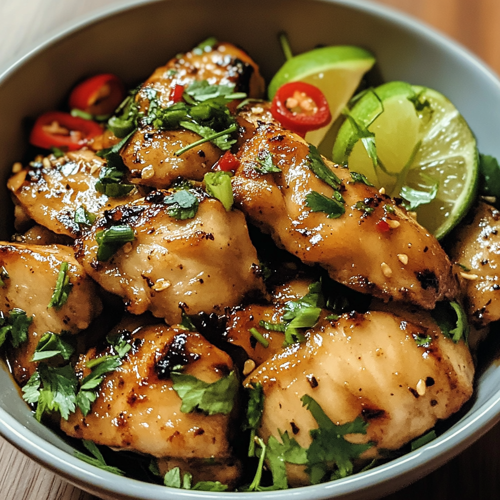 Grilled Vietnamese lemongrass chicken served with steamed rice and fresh herbs on a white plate.
