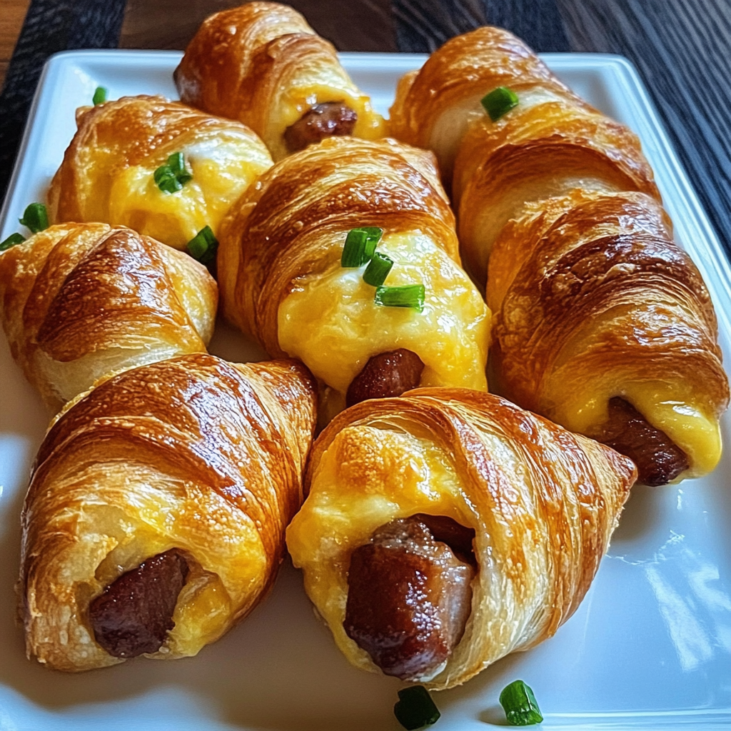 A plate of breakfast pigs in a blanket—sausage links wrapped in golden-brown cinnamon rolls, drizzled with icing and served with syrup.​