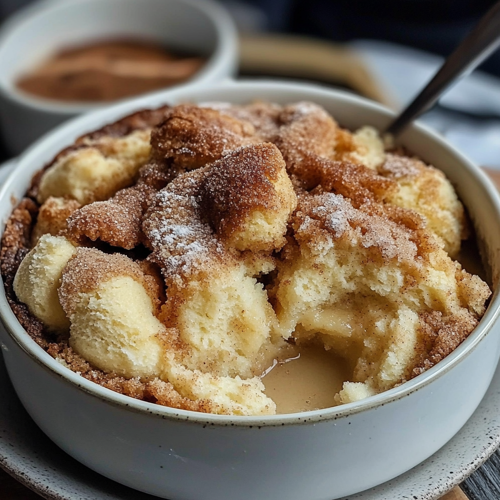 Warm Brown Butter Snickerdoodle Cobbler served in a dish, topped with a scoop of melting vanilla ice cream and sprinkled with cinnamon sugar.